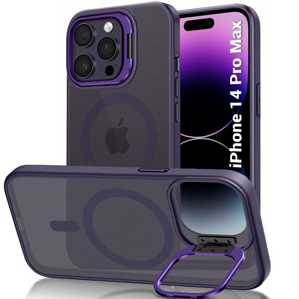 TheGiftKart Hybrid Matte Frosted Back Cover Case for iPhone 14 Pro MAX Compatible with MagSafe | Built-in Stand | Shockproof Hard Back Case Cover for iPhone 14 Pro MAX (PC & TPU, Translucent Purple)