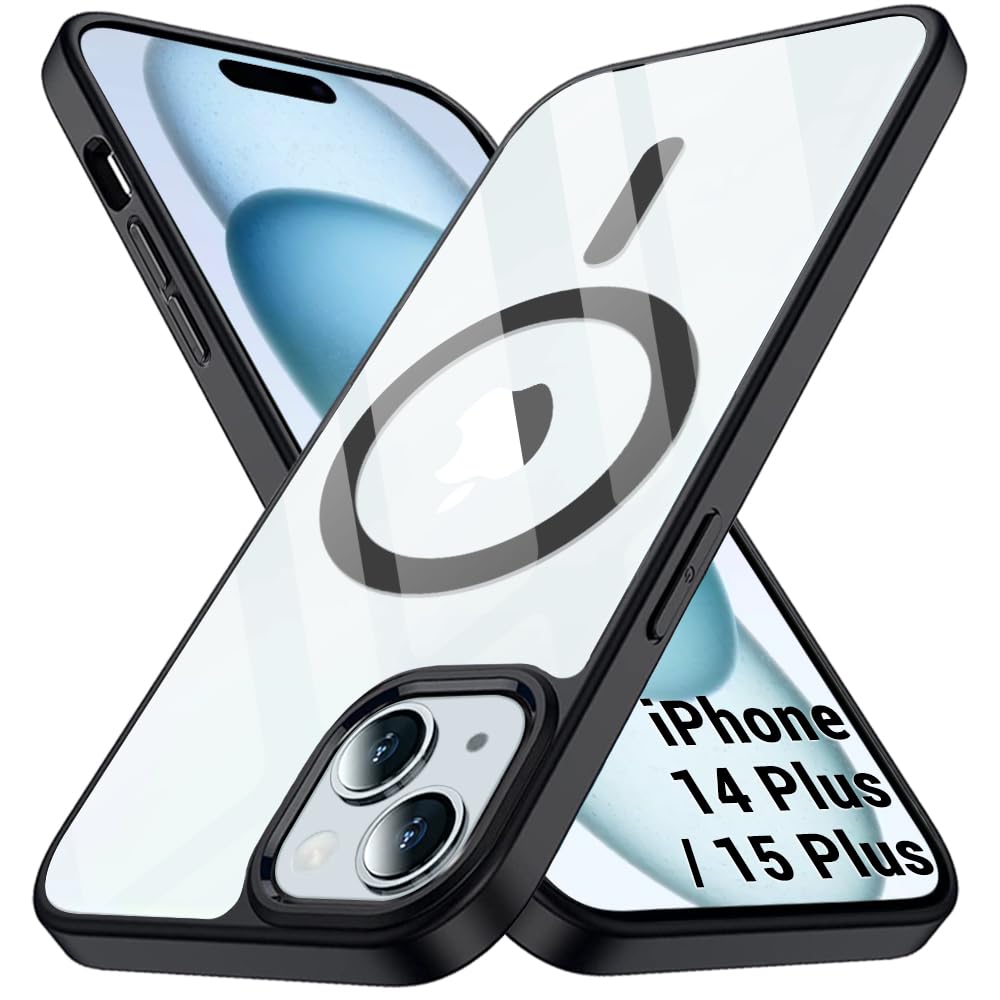 TheGiftKart Hybrid Shockproof Back Cover Case for iPhone 14 Plus / 15 Plus Compatible with MagSafe | Hard Back Cover Case for iPhone 14+ / 15+ (PC & TPU, Transparent Clear Back, Black Sides)