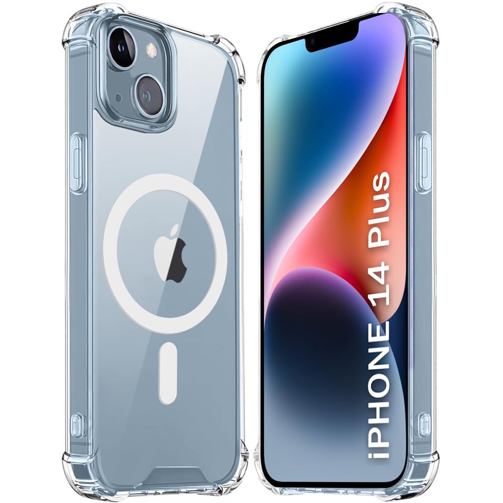 TheGiftKart Shockproof Ultra-Hybrid Back Cover Case for iPhone 14 Plus Compatible with MagSafe | 360° Protection | Crystal Clear Hard Back Cover Case for iPhone 14 Plus (Transparent Bumper)