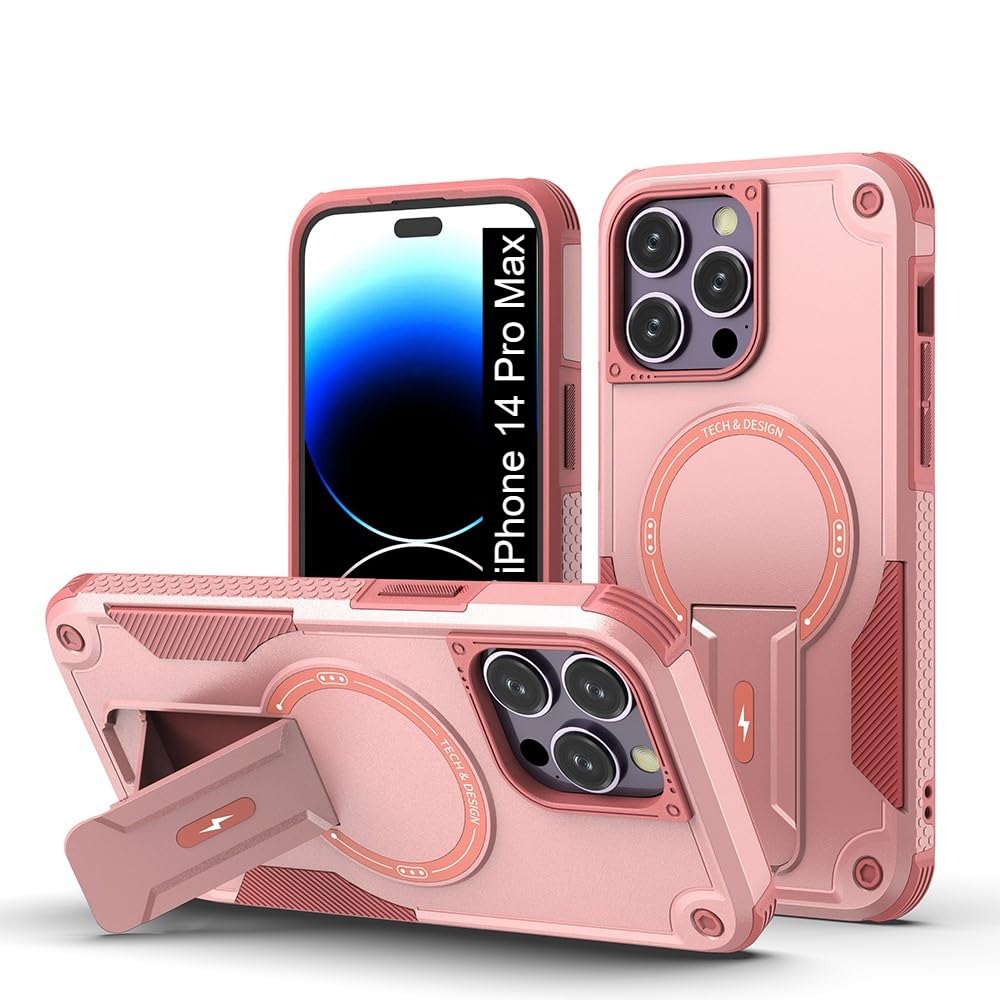 US LITE Back Cover for iPhone 14 Pro Max with Portable Kickstand | Mag-Safe Compatible Magnetic Case | Shockproof Military Grade Protection | Rugged Armor Design Phone Cover – Pink