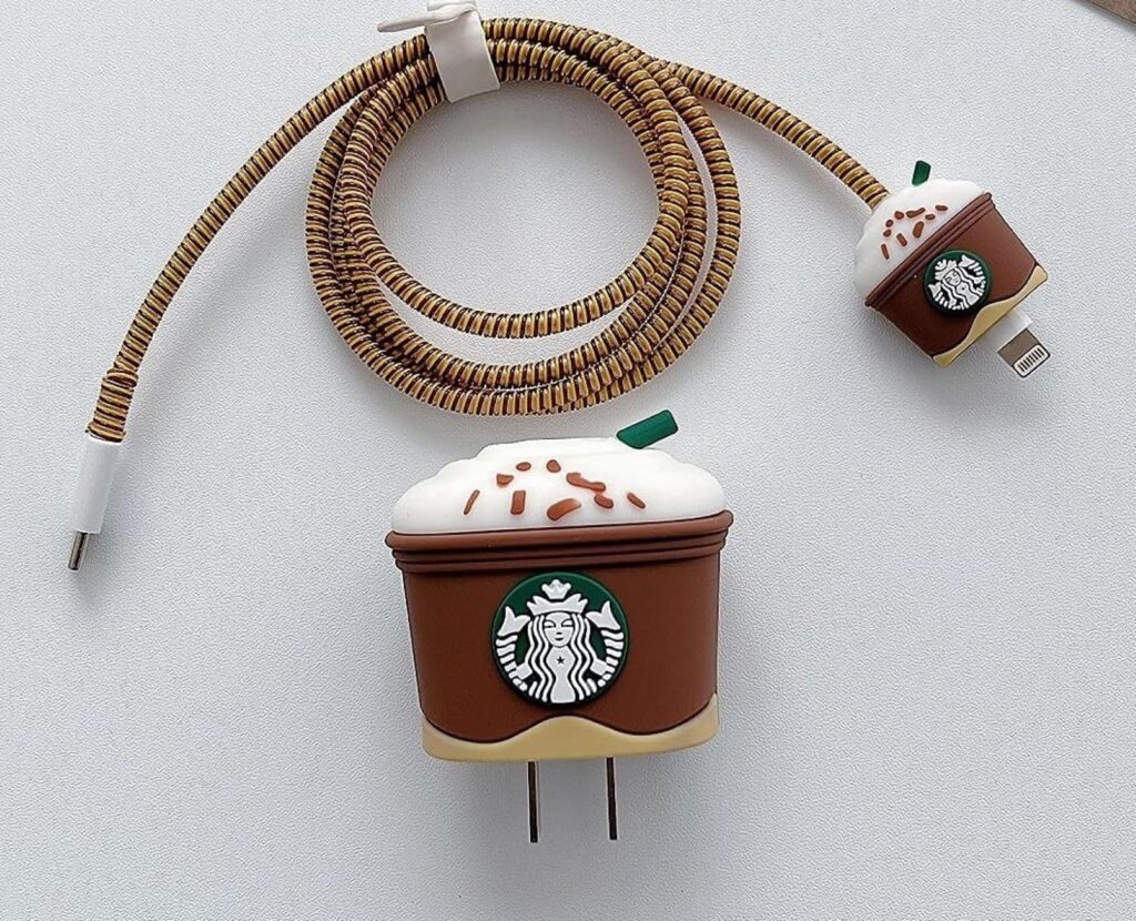 VNJ ACCESSORIES Protective Charger Case for iPhone 18W 20W iPhone 16 15 14 13 12 11 Pro Max Charging Cable Charger Protective Cover Data Cable Protective Sleeve-Brown Starbucks