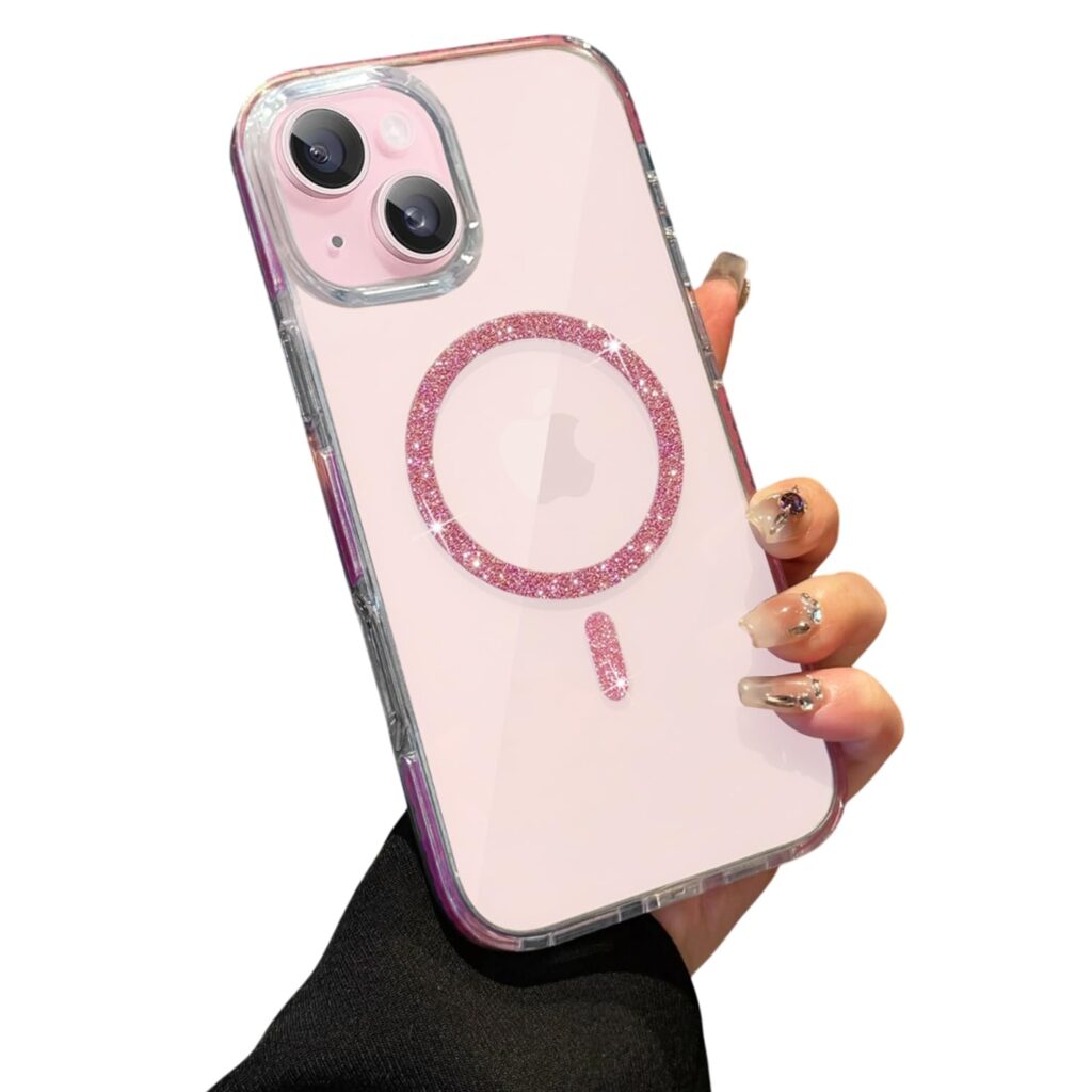 VONZEE Compatible for iPhone 15 Plus 6.7'' Case Glitter Ring Cute Shiny Colorful Bling Case (Compatible with Magsafe) Transparent PC+TPU Glossy Shiny Cover for Girls Women,Pink