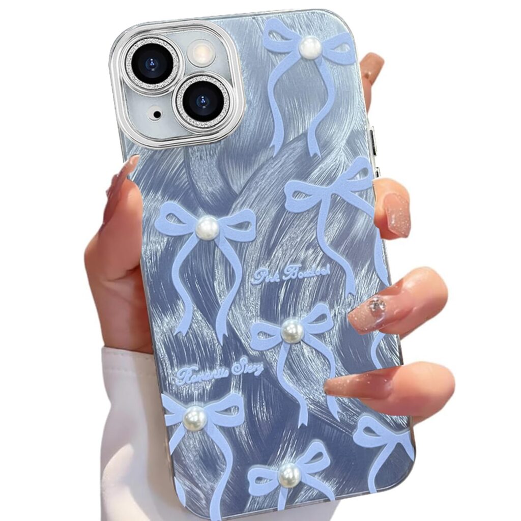 VONZEE Compatible with iPhone 15 Plus 6.7'' Case Luxury Pink Girly Cute 3D Bow Pearl Glitter Bling Case with Full Camera Protection Shockproof PC+TPU Glossy Shiny Cover for Girls Women, Blue