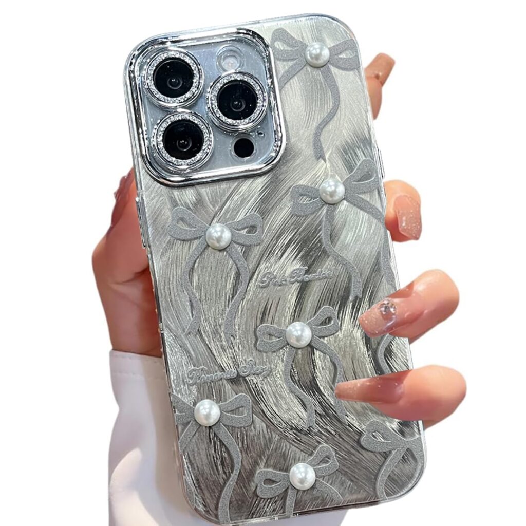 VONZEE Compatible with iPhone 15 Pro Max 6.7'' Case Luxury Pink Girly Cute 3D Bow Pearl Glitter Bling Case with Full Camera Protection Shockproof PC+TPU Glossy Shiny Cover for Girls Women, Black