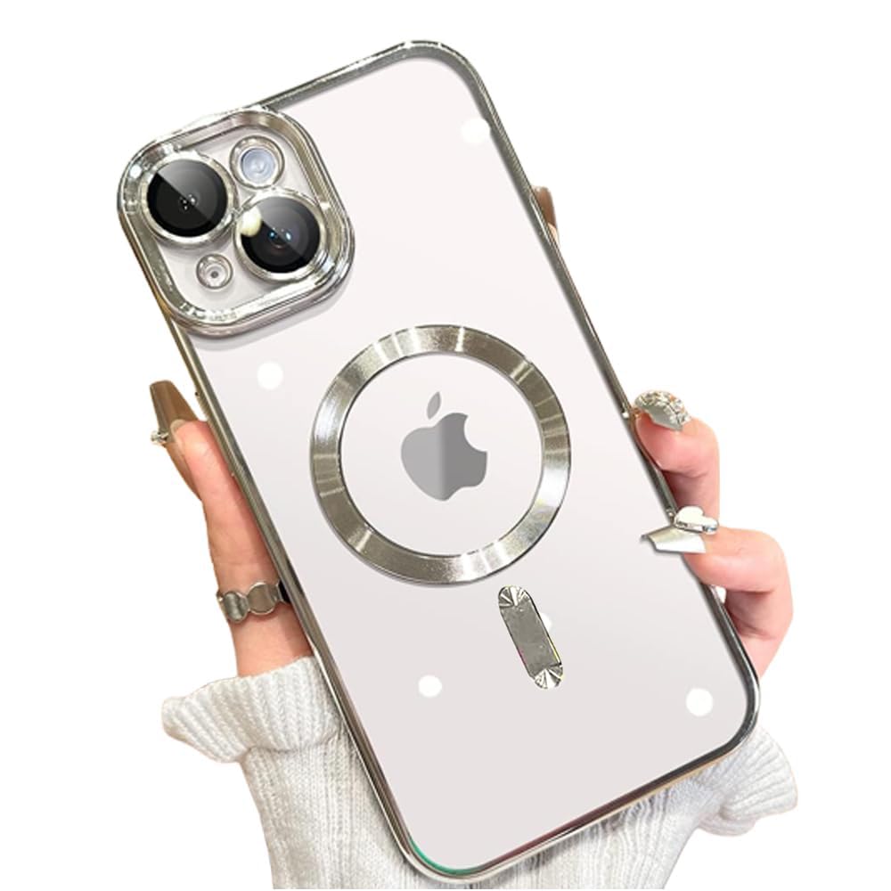 VONZEE Electroplating Transparent Clear Logo Cover for iPhone 15 Plus Case 6.7 inch, Electroplated TPU Cover, Full Body & Individual Camera Protection for Each Lens Bumper Cases (Silver)