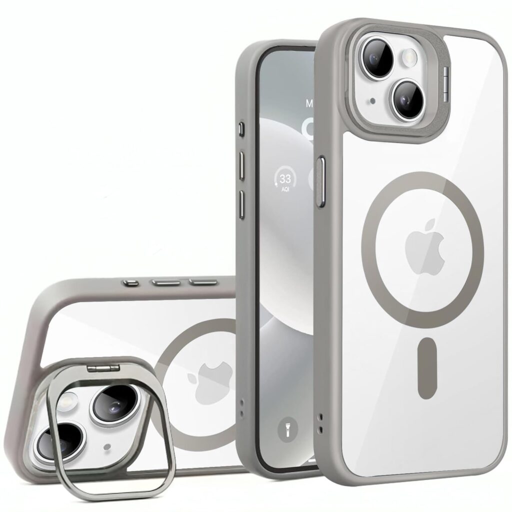 VONZEE PC For iPhone 15 Plus Case, Compatible With Magsafe, Military-Grade Protective Case, Built-In Stash Stand Phone Case, Scratch-Resistant Back Cover, Classic Series | 6.7'' | Clear Grey