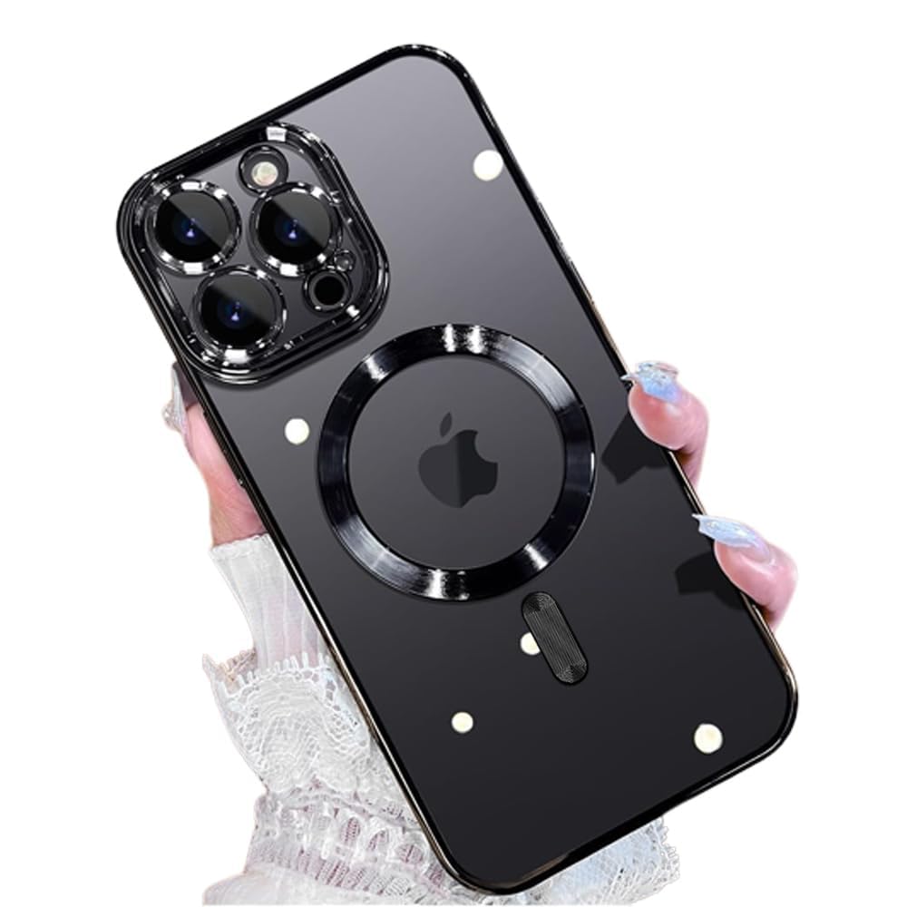 VONZEE TPU Electroplating Transparent Clear Case Logo Case For iPhone 15 Pro Max, Compatible With Magsafe, Full Body & Individual Camera Protection, Black