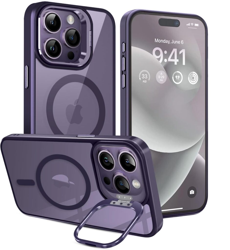 VONZEE TPU+PC For iPhone 14 Pro Max Case,Compatible With Magsafe,Military-Grade Protective Case,Built-In Stash Stand Phone Case,Scratch-Resistant Back Cover,Classic Series|6.7''|Clear Deep Purple