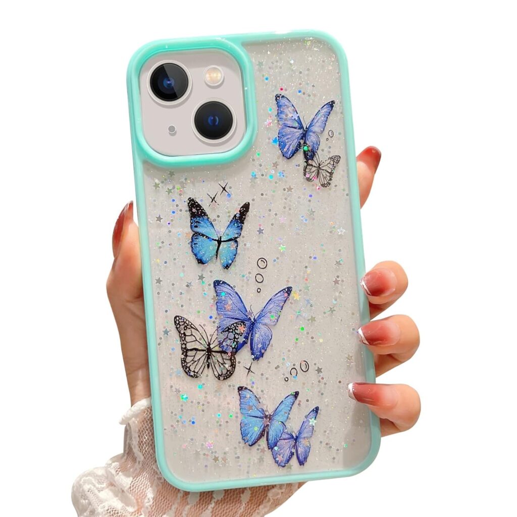 VONZEE for iPhone 15 Plus Clear Glitter Butterfly Case, Cute Bling Sparkle Shiny Soft TPU Bumper Shockproof Women Girls Slim Protective Phone Cover for iPhone 15 Plus 6.7",Mint Green