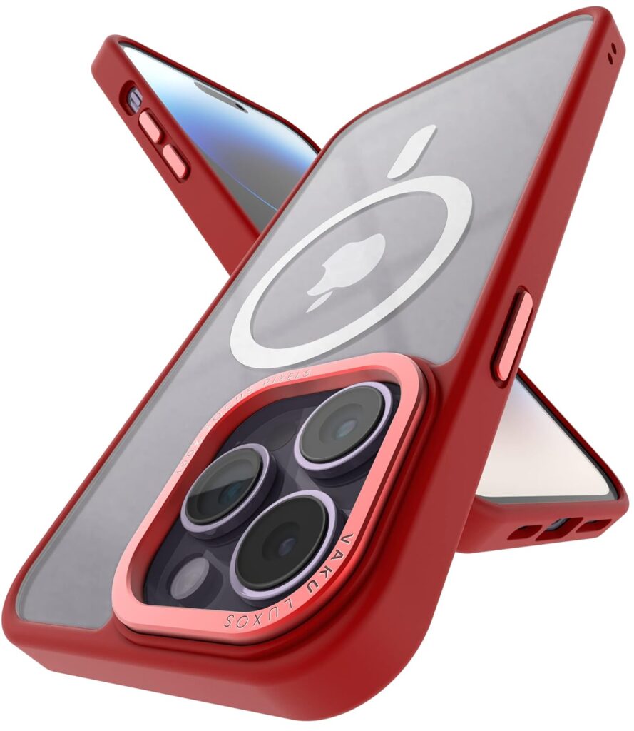 Vaku Luxos® Trans Armor MagPro for iPhone 14 Pro Max Cover Case, 6 Feet Drop, Metal Ring Camera Protection, Shockproof, Scratch Resistant, Slim, Compatible with MagSafe Back Cover - Red