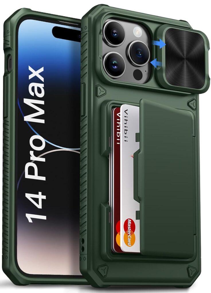 Vihibii for iPhone 14 Pro Max Back Cover with Card Holder (4 Cards) [RFID Blocking] & Slide Camera Cover, Military Grade Drop Protection, Rugged Hard Back & Silicone Edge Wallet Phone Case 6.7", Green