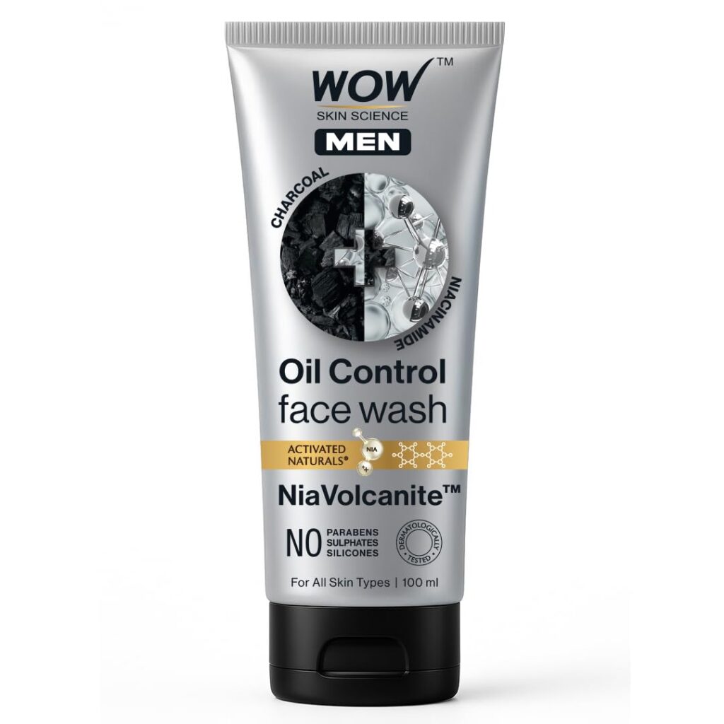 WOW Skin Science MEN CHARCOAL + NIACINAMIDE Oil-Control Face Wash | Absorbs Excess Oil & Deep Cleanses | NiaVolcanite™ Technology | No Sulphates, Parabens, or Silicones | 100ml