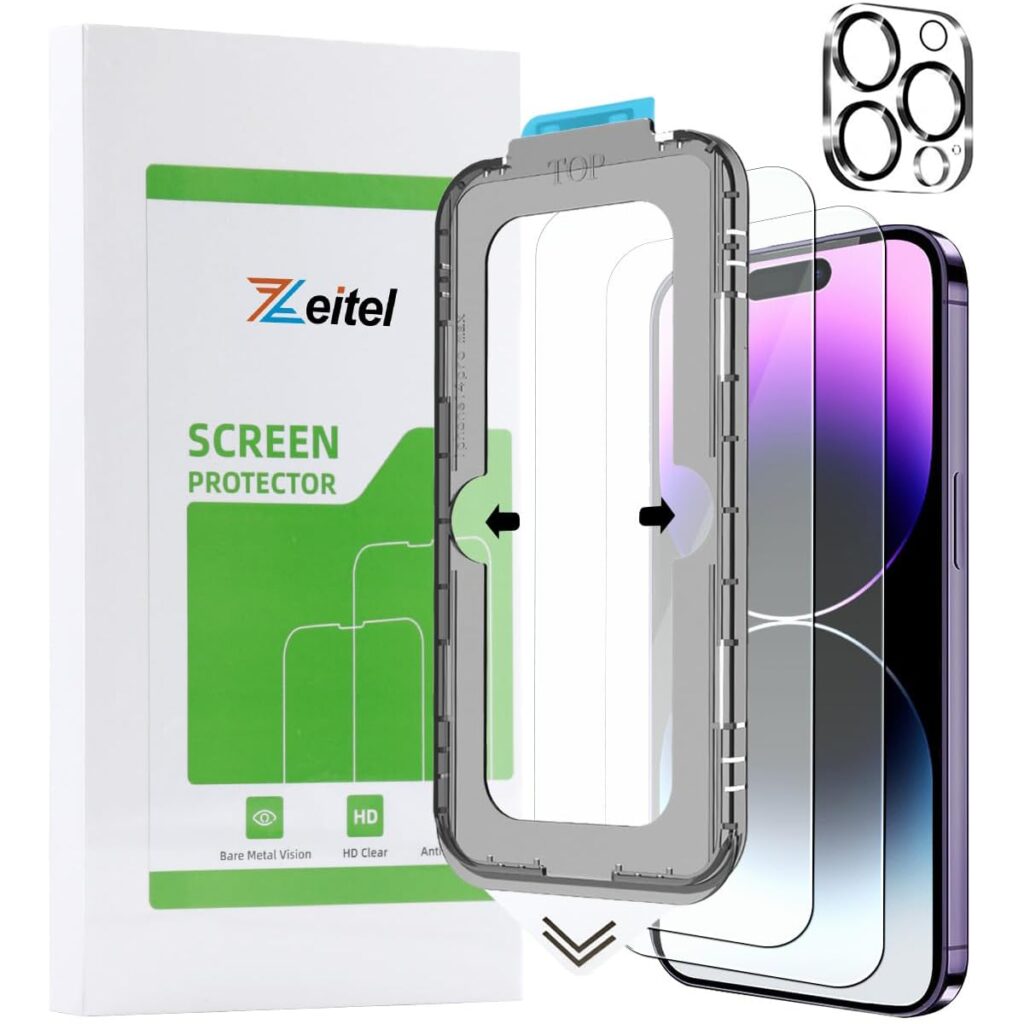 ZEITEL ® Tempered Glass Suitable for iPhone 14 Pro Max 6.7 Inch with Anti Fingerprint Screen Protector Auxiliary Installation Kit 2 Scratch Resistant Screen Protectors and 1 Lens Protector