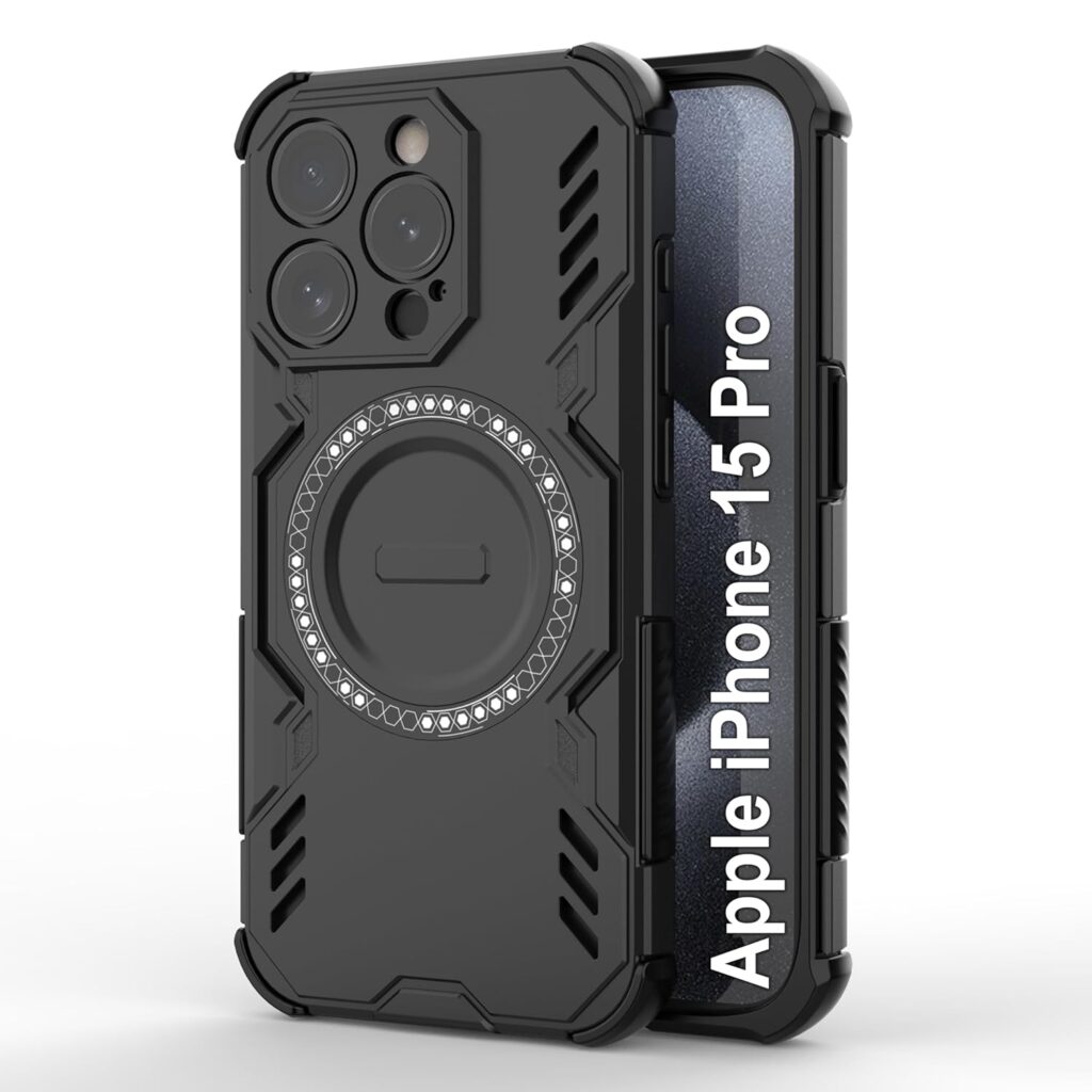 Zapcase Back Case Cover for iPhone 15 Pro | Magnetic Case with Built-in Metal Ring | Supports MagSafe Charger, Wallet & Car Mount | Shockproof Hybrid PC + TPU | Black