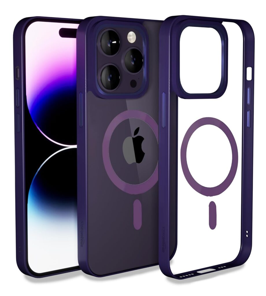amazon basics Clear Logo Electroplating Transparent Case for iPhone 14 Pro Max Case, Luxury Electroplated TPU Cover, Individual Camera Protection for Each Lens Bumper Case (Deep Purple)