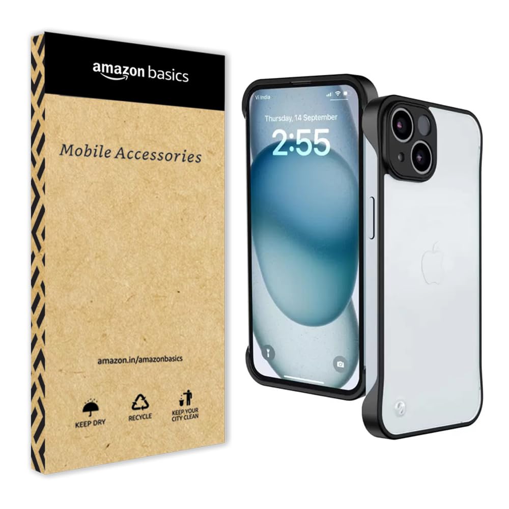 amazon basics Compatible with iPhone 15 Plus Back Cover Case | Stylish Frameless Matte Hard Skin | Soft TPU Shock Proof Bumper Back Cover Case for iPhone 15 Plus (Black)