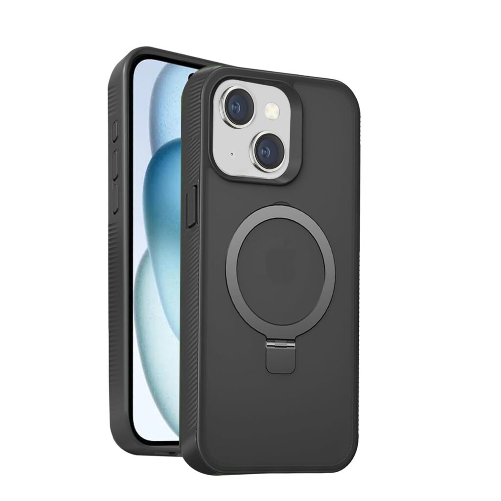 amazon basics Elite Series Frosted Finish Case with Back Stand for iPhone 15 Plus (Black)