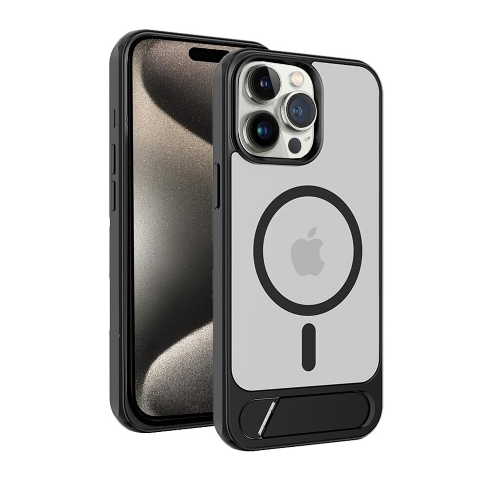 amazon basics Frosted Magnetic Charging Case for iPhone 15 Pro Max | Deployable Base Stand (Black)