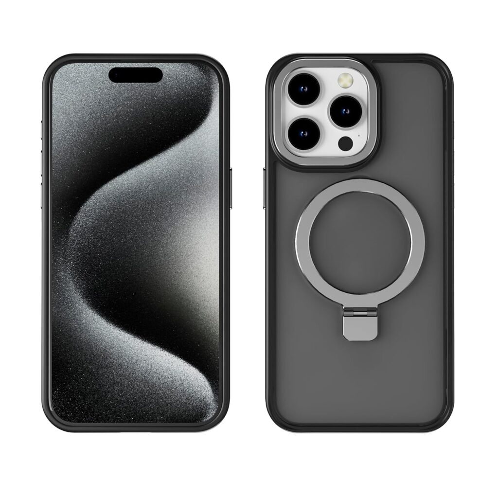 amazon basics Grip Case for iPhone 15 Pro Max | Horizontal and Vertical Metal Rotating Stand Included (Grey)