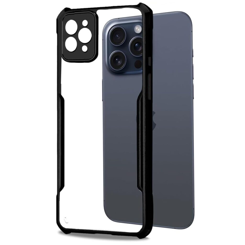 amazon basics Hybrid Camera Protection Transparent Hard Back Case Cover for iPhone 14 Pro Max (Sides Black)