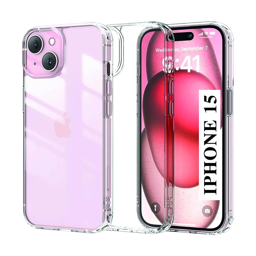 amazon basics Ultra-Hybrid Crystal Clear Back Case Cover for iPhone 15 Plus | Shockproof Design | Hard Clear Back | Bumper Case Cover for iPhone 15 Plus (PC & TPU, Transparent)