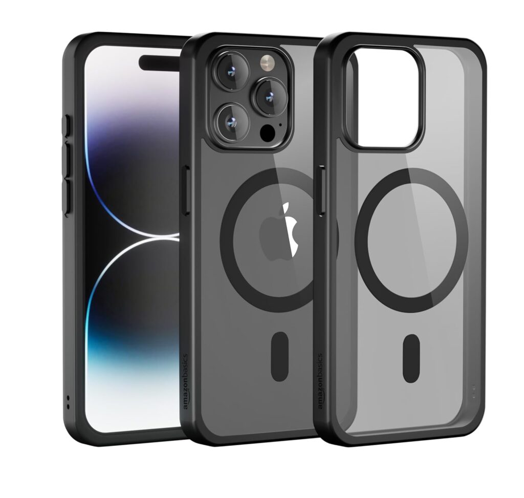 amazon basics iPhone 14 Pro Max Case, Compatible with MagSafe, Scratch-Resistant, Thin and Slim, Classic Shockproof Military-Grade Protection, TPU, Magnetic Back Cover, Frosted Black