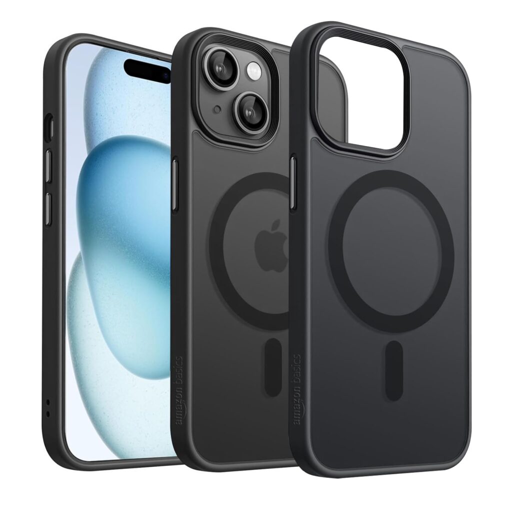 amazon basics iPhone 15 Plus Case, Compatible with MagSafe, Military-Grade Protection, Yellowing Resistant, Scratch-Resistant TPU Back, Magnetic Phone Case for iPhone 15 Plus, Frosted Black