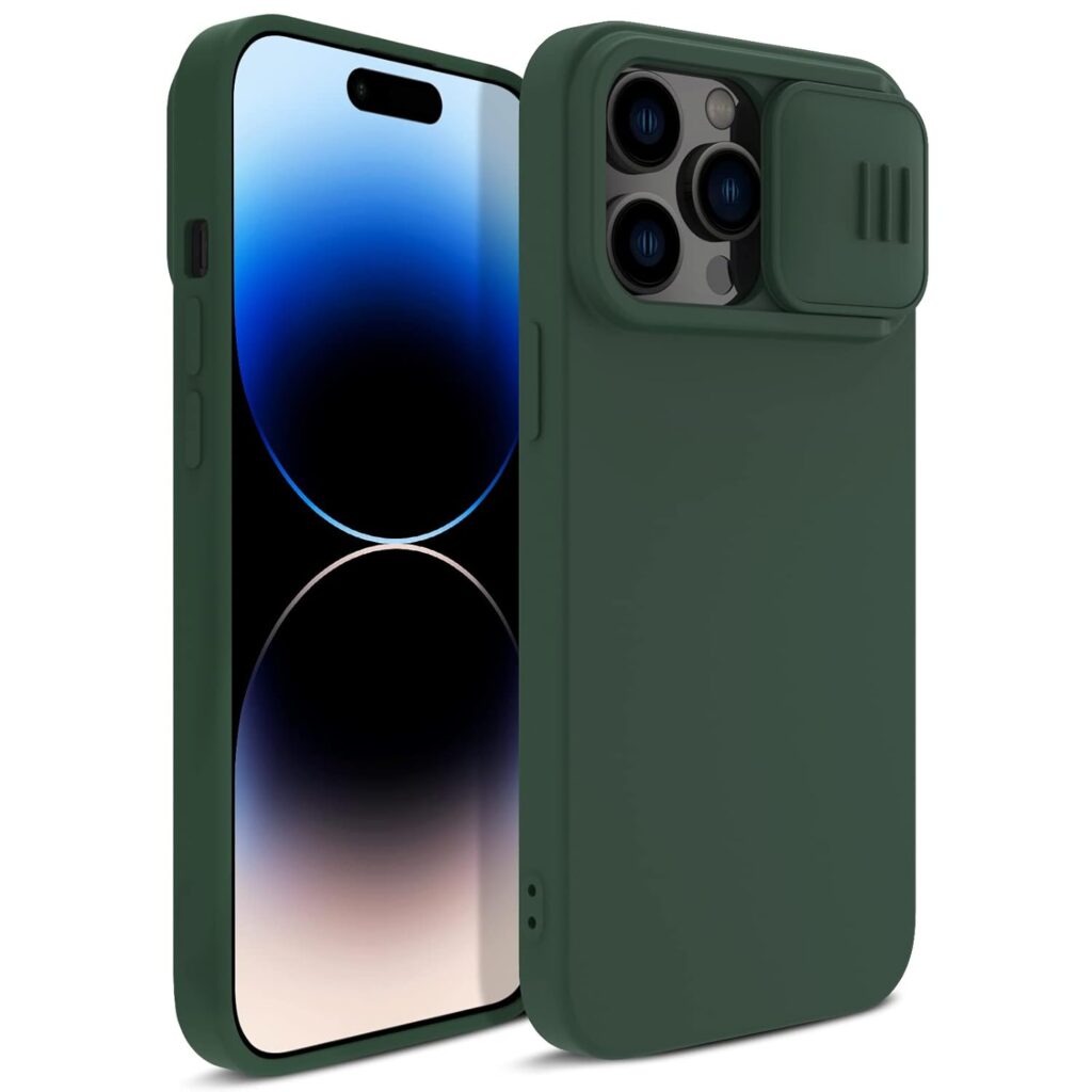 imluckies Compatible with iPhone 14 Pro Max Case with Slide Camera Cover, Ultra Thin Liquid Silicone & Hard PC, Villus Soft Protection & Slim Fit, with Camera Protection Phone Cover - Green