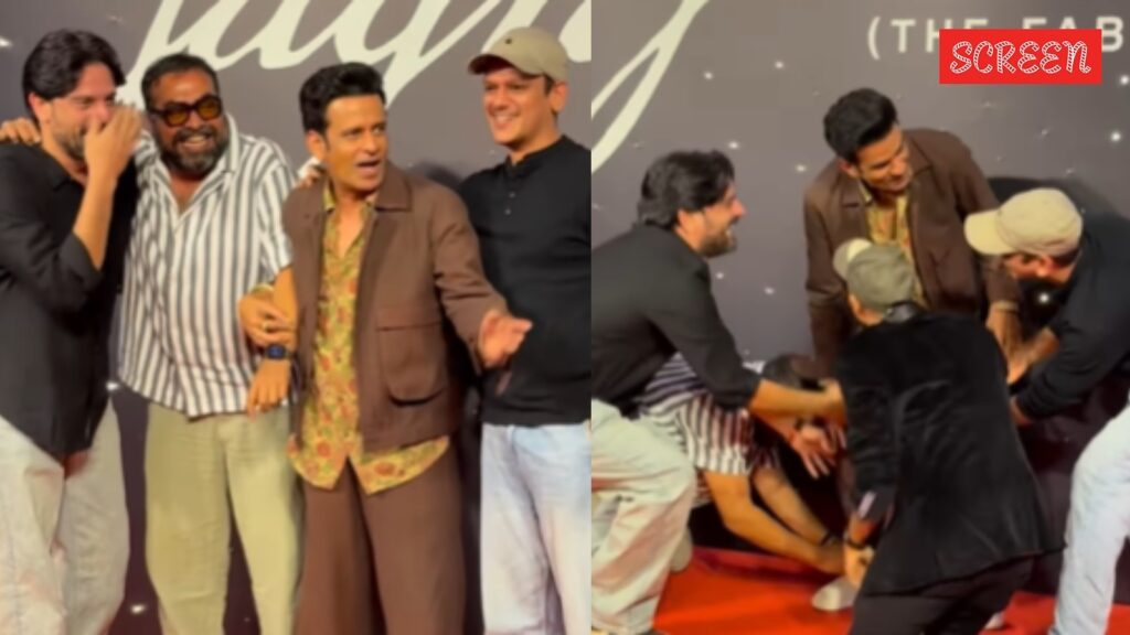 Anurag Kashyap, Vijay Varma, Jaideep Ahlawat touch Manoj Bajpayee's feet at an event (Photo: Manav Manglani)
