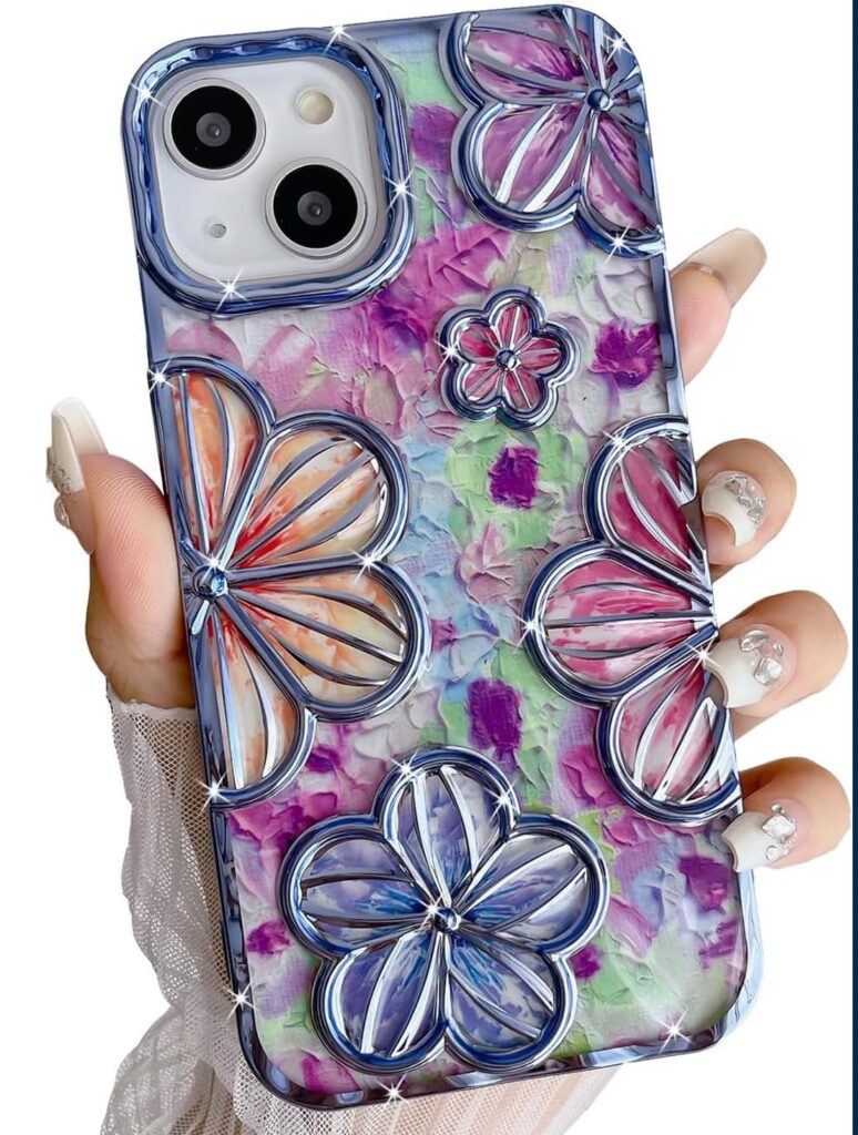 mobistyle Designed for iPhone 15 Plus Cover| Electroplating Bling Colourful Floral 3D TPU Camera Protection Back Cover Case for Women Girls (Blue)