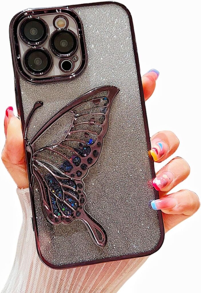 mobistyle Silicone Designed For iPhone 15 Pro Max Cover With Glitter Cute Butterfly Electroplating Design Back Cover Case For Women Teen Girls (Black)