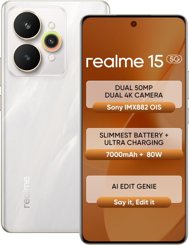 realme 15 5G (Flowing Silver, 8GB RAM, 128GB Storage) | 6.8" FHD+ LCD 120Hz | 50MP Triple AI Camera | 50MP Selfie | Dimensity 7300+ 5G | 7000mAh | 80W Fast Charging | Android 15 | Dual SIM