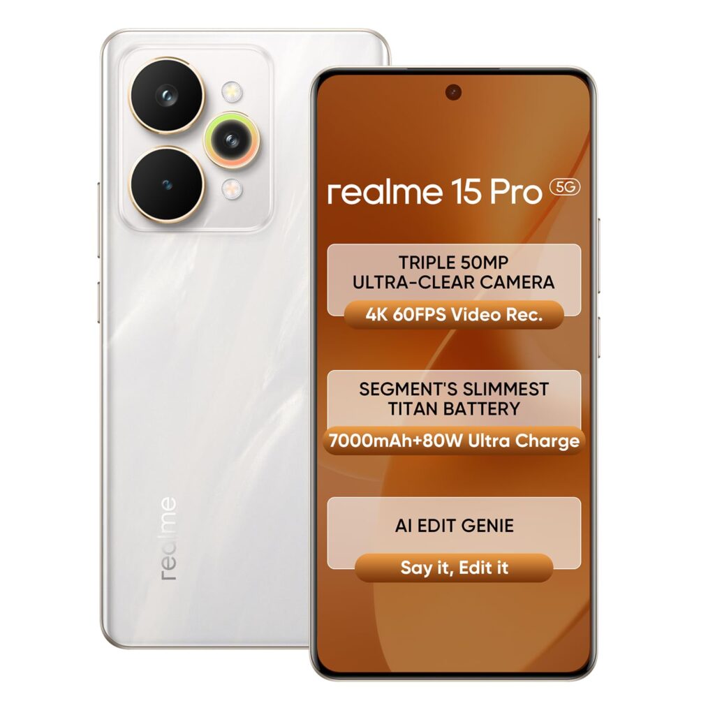 realme 15 Pro 5G Smartphone 12+256GB Silver,4K 60FPS,144Hz HyperGlow 4D Curve Display,7000mAh Battery,80W SuperVOOC, Camera Triple 50MP, Snapdragon 7 Gen 4, IP69