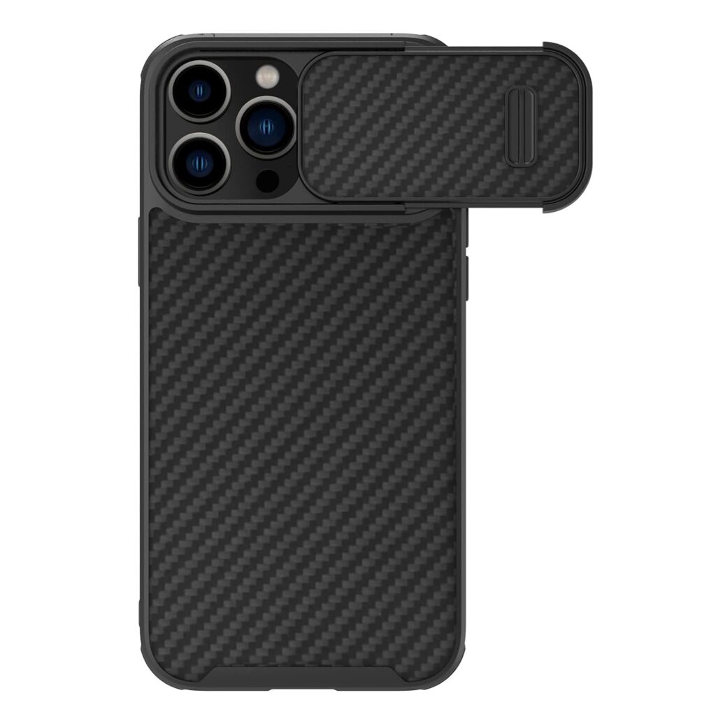 Nillkin Case for Apple iPhone 14 Pro Max (6.7" Inch) Synthetic Fiber S Camshield Camera Semi Automatic Magnetic Works with Magsafe Charger Aramid Carbon Tough Waterproof Black
