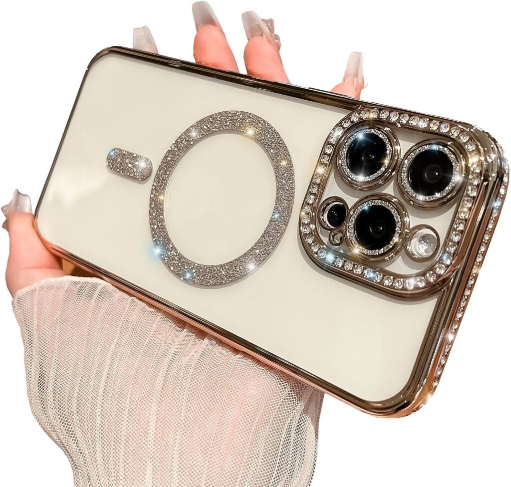 TWIKKA Case Compatible with iPhone 14 Pro Max, Cute Soft Clear Rhinestone Diamond Glitter Cover Women & Girls Compatible with MagSaf Camera Lens Protection Cases for iPhone 14 Pro Max (Gold)