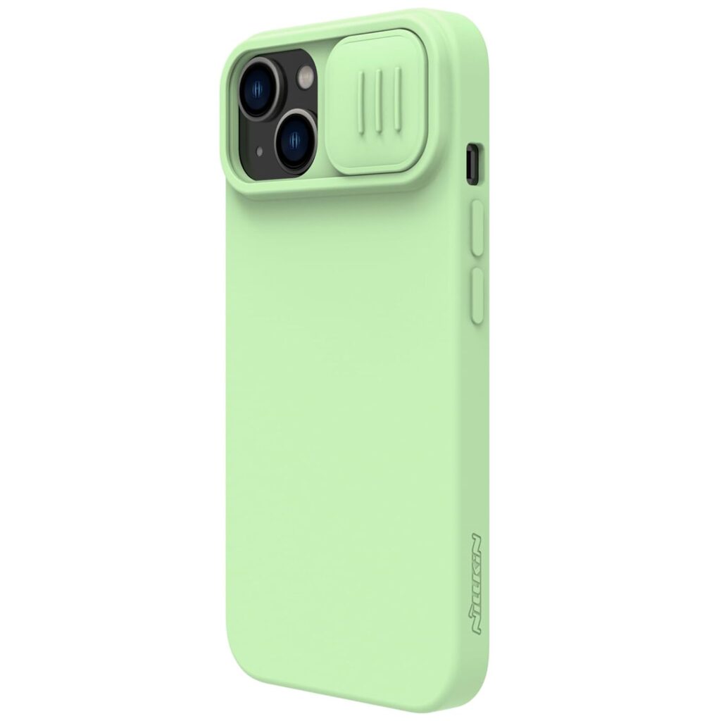 Nillkin Case for Apple iPhone 15 Plus (6.7" Inch) CamShield Silky Soft Liquid Silicon + PC Finish Camera Slider Magnetic Works with Magsafe Charger Inside Microfibre Mint Green