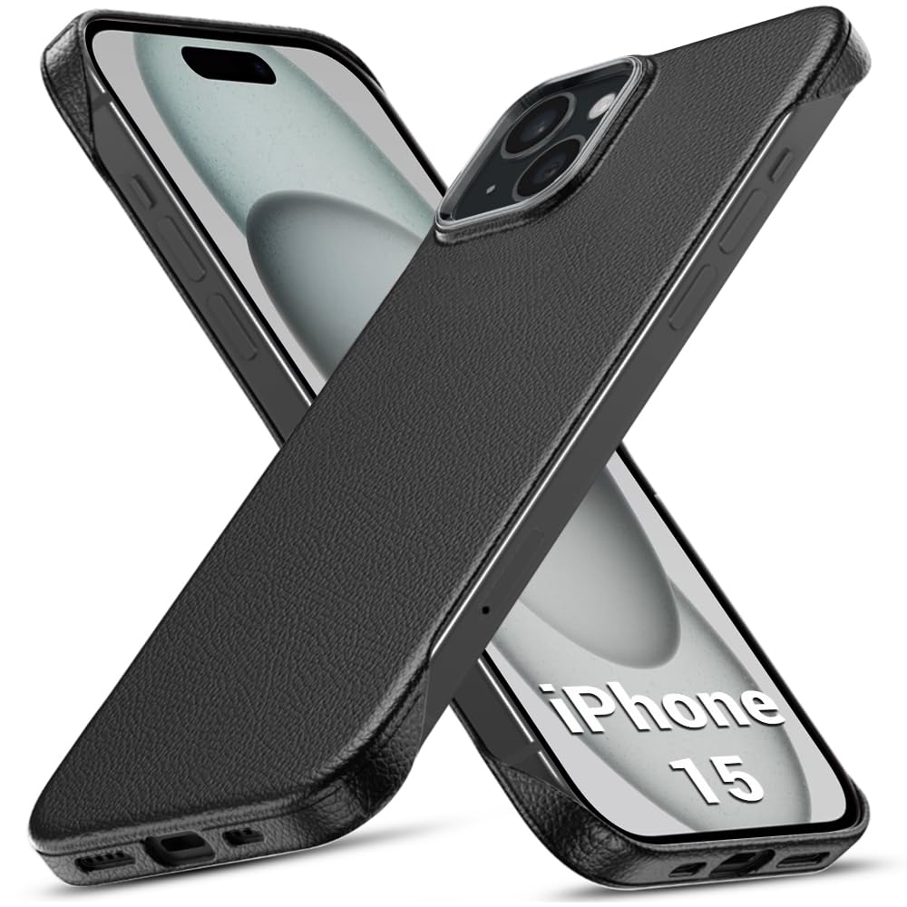 TheGiftKart Hybrid Ultimate Slim Back Case Cover for iPhone 15 | Lightweight Profile | Hard Back Cover for iPhone 15 (PC & TPU, Metal Camera Ring, Leather Texture Finish, Black)