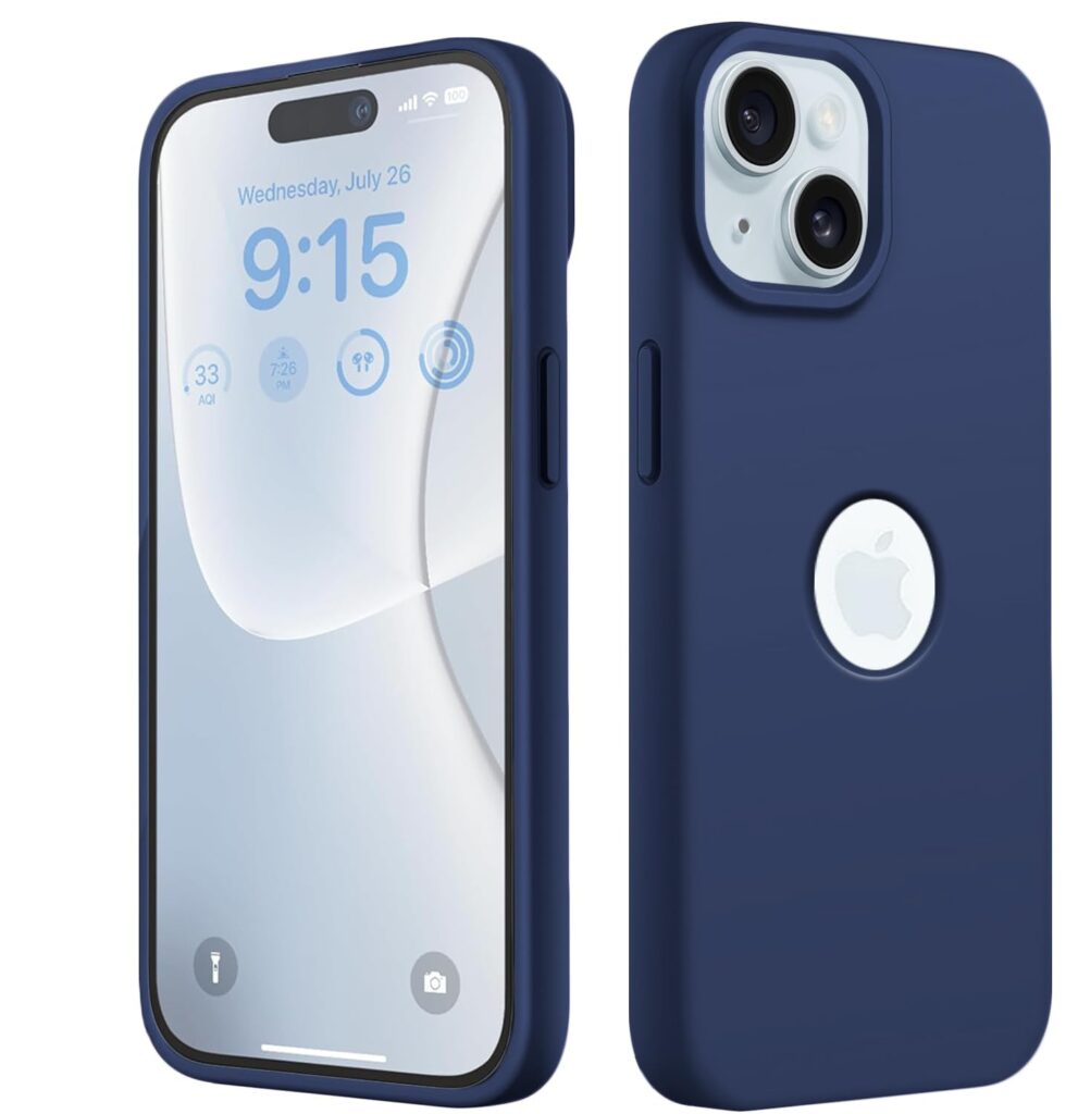 Elzzi Microfiber Logo Cut Cover Compatible for iPhone 15 Plus Case Liquid Silicone Cases Full Body 4 Layer Protective Covers Shockproof Back Cover with High Raised Camera Lips (6.7 inch, Navy Blue)