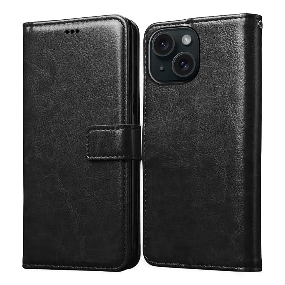 Casotec Flip Cover Back Case for Apple iPhone 15 Plus | Premium Leather Finish | Inbuilt Pockets & Stand | Flip Cover Back Case for Apple iPhone 15 Plus (Black)