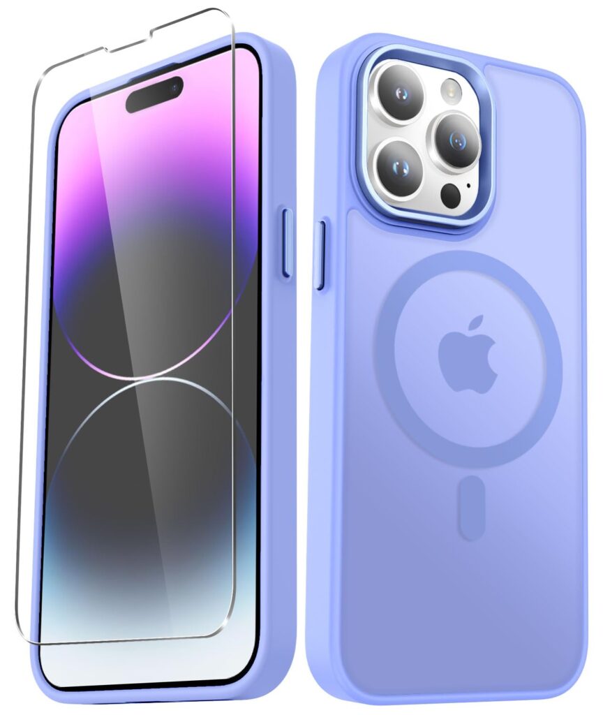 for iPhone 14 Pro Max Case, Matte Magnetic Phone Case with 1 Screen Protector, Support for Magsafe, Translucent Frosted Slim Shockproof Protective Cover for iPhone 14 Pro Max 6.7 inch, Lavender Purple