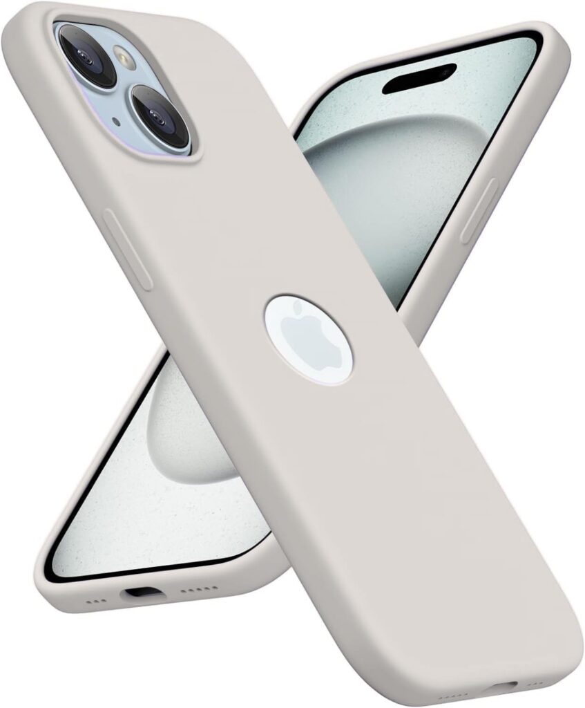 Elzzi Microfiber Logo Cut Cover Compatible for iPhone 15 Plus Case Liquid Silicone Cases Full Body 4 Layer Protective Covers Shockproof Back Cover with High Raised Camera Lips (6.7 inch, Stone Grey)