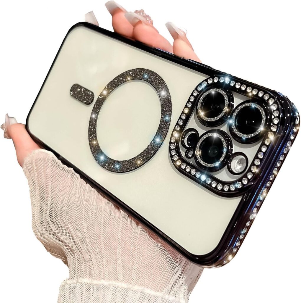 TWIKKA Case Compatible with iPhone 14 Pro Max, Cute Soft Clear Rhinestone Diamond Glitter Cover Women & Girls Compatible with MagSaf Camera Lens Protection Cases for iPhone 14 Pro Max (Black)