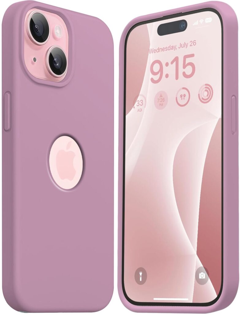 Elzzi Microfiber Logo Cut Cover Compatible for iPhone 15 Case Liquid Silicone Cases Non-Slip Full Body 4 Layer Protective Covers Shockproof Back Cover with High Raised Camera Lips (6.1 inch, Lilac)