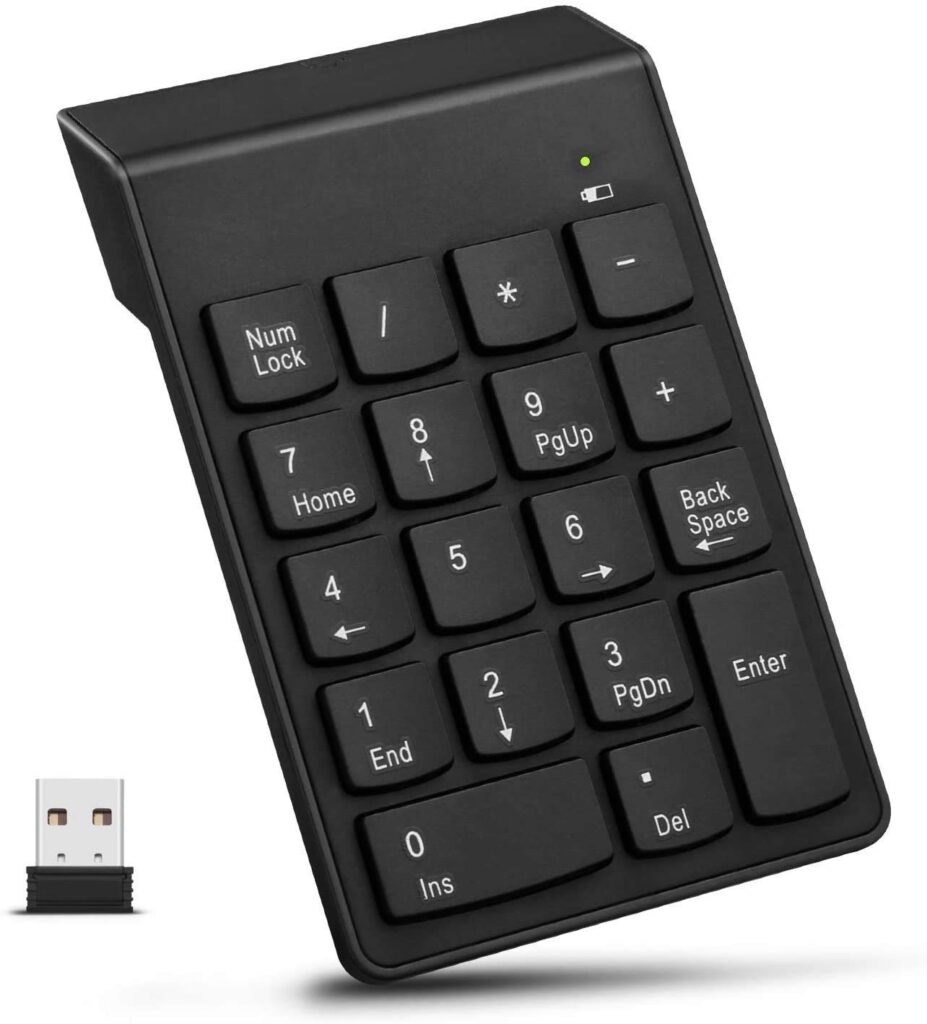 1Goal® USB, Bluetooth Wireless Numeric Keypad 2.4G Ghz 18 Key Portable Keyboard Number pad Work with PC Laptop Computer Tablet Smartphone. Numpad Ideal for Office Use (Black)