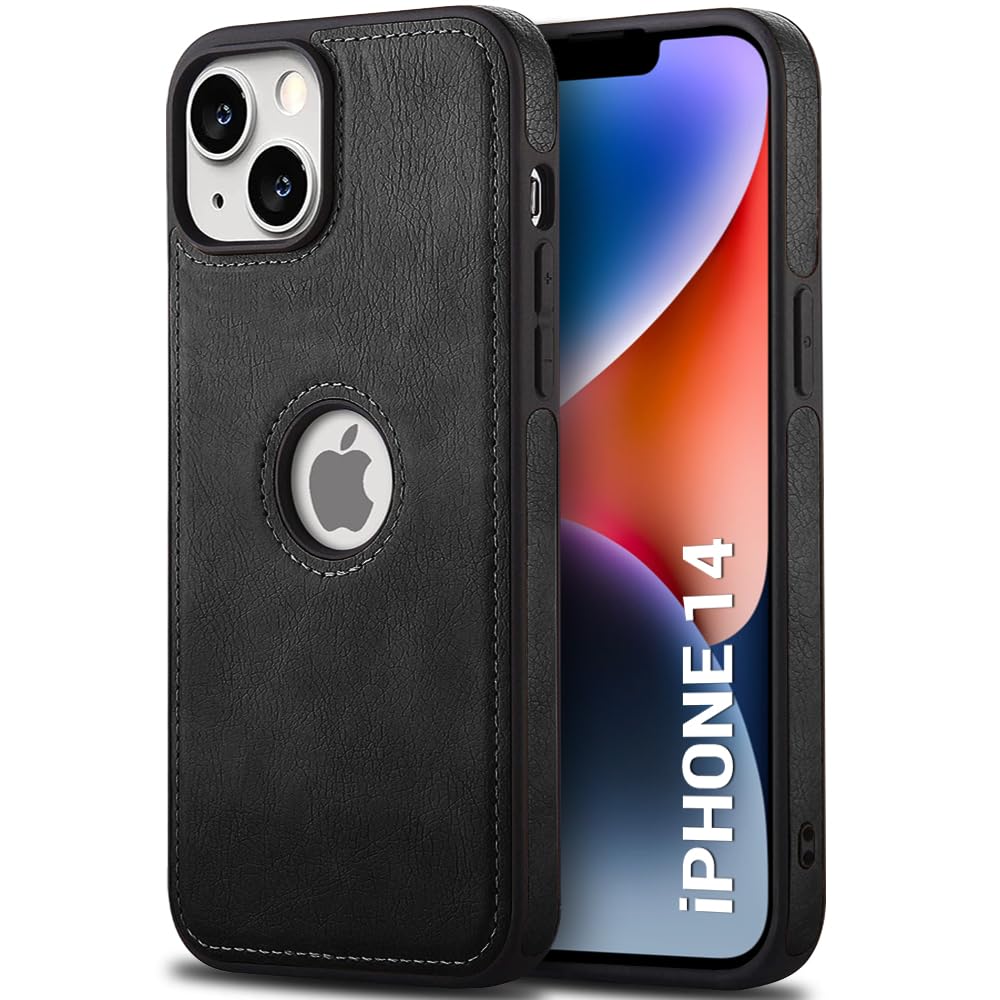 TheGiftKart Genuine Leather Finish iPhone 14 Back Cover Case | Shockproof Design | Raised Edges for Camera & Screen Protection | Stunning Minimalist Design Back Case Cover for iPhone 14 (Black)