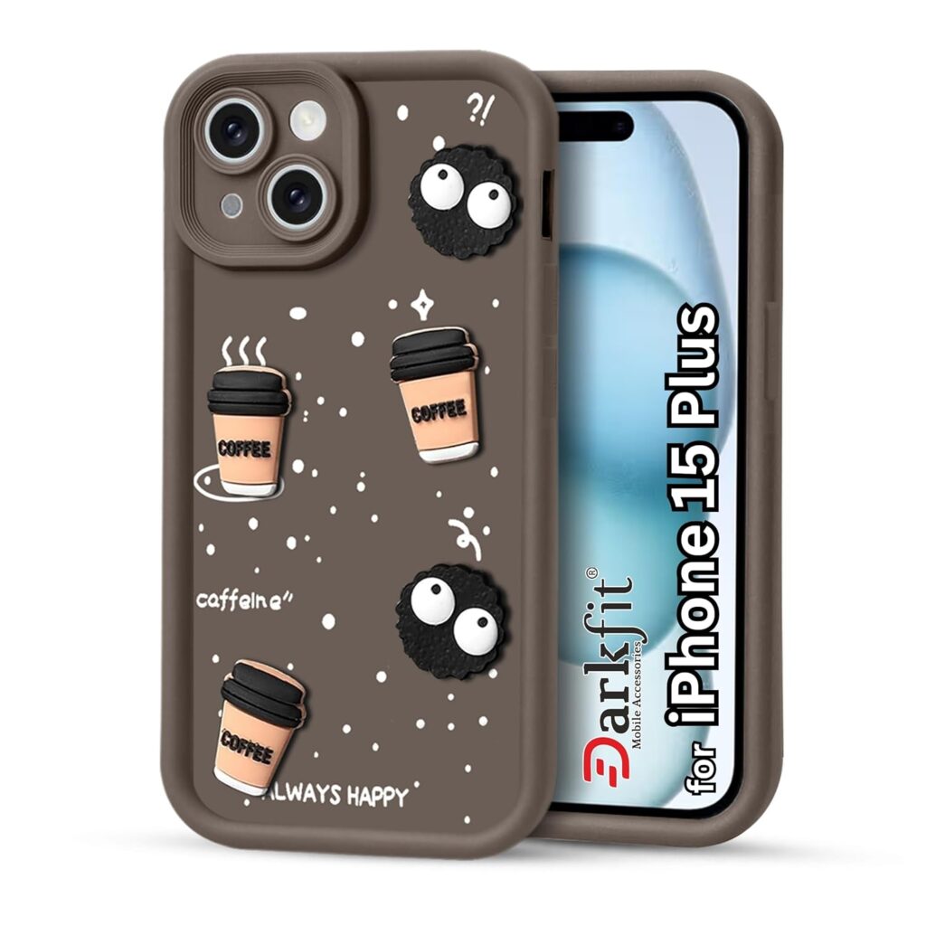 DARKFIT Back Case Cover Compatible for iPhone 15 Plus | Cute Fun Cartoon 3D Ball Coffee Silicone Case | Camera Protection | Body Protection | Shock Proof | Color Brown | Pack of 1
