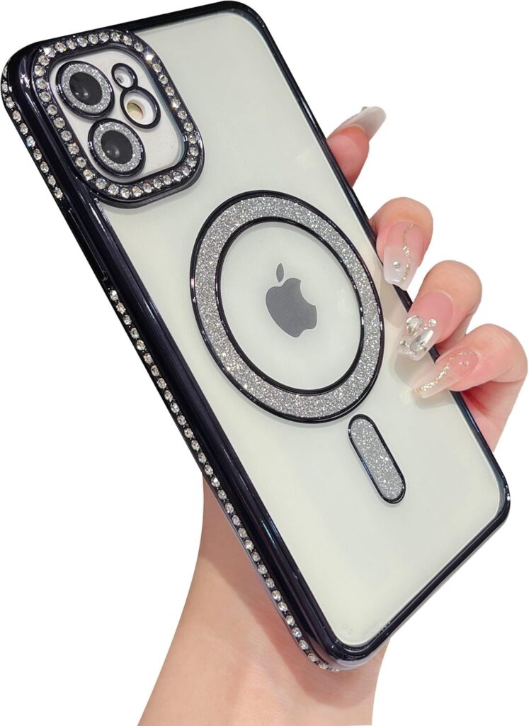 The Little Shop Clear Magnetic Diamond Glitter Case for Apple iPhone 15 (128 GB)||Full Camera Protection Luxury Bling Transparent Shockproof for Magsafe Women Girls Cute Cover|Black