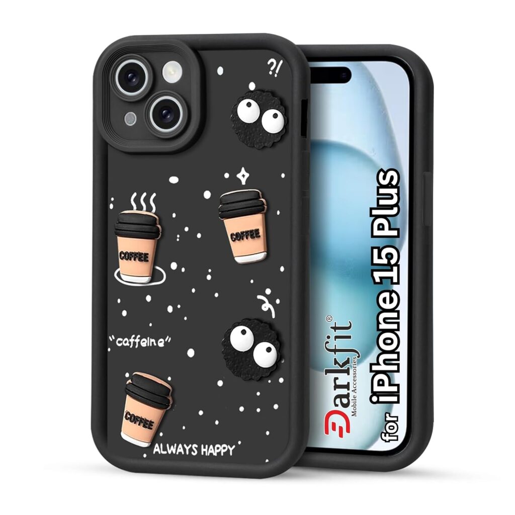 DARKFIT Back Case Cover Compatible for iPhone 15 Plus | Cute Fun Cartoon 3D Ball Coffee Silicone Case | Camera Protection | Body Protection | Shock Proof | Color Black | Pack of 1