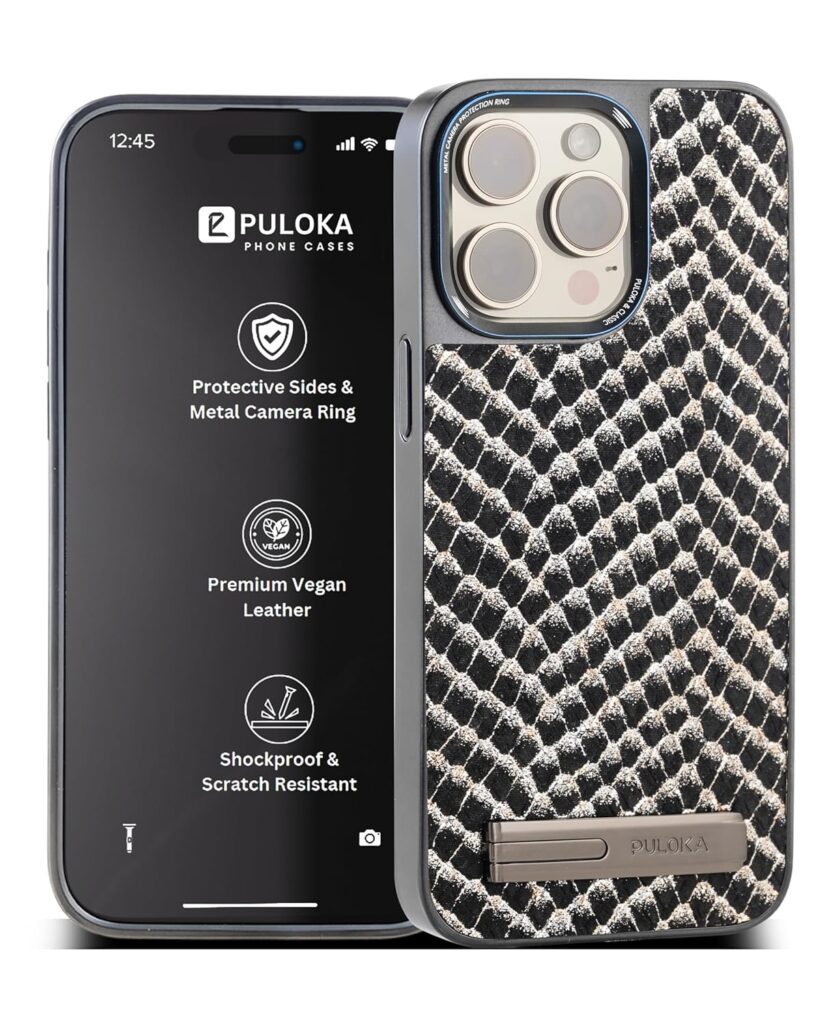 PULOKA for iPhone 15 PRO MAX Case, Back Cover with Kickstand & Metal Camera Ring & 360° Military-Grade Protection, | Ultra Hybrid Slim Case – Black
