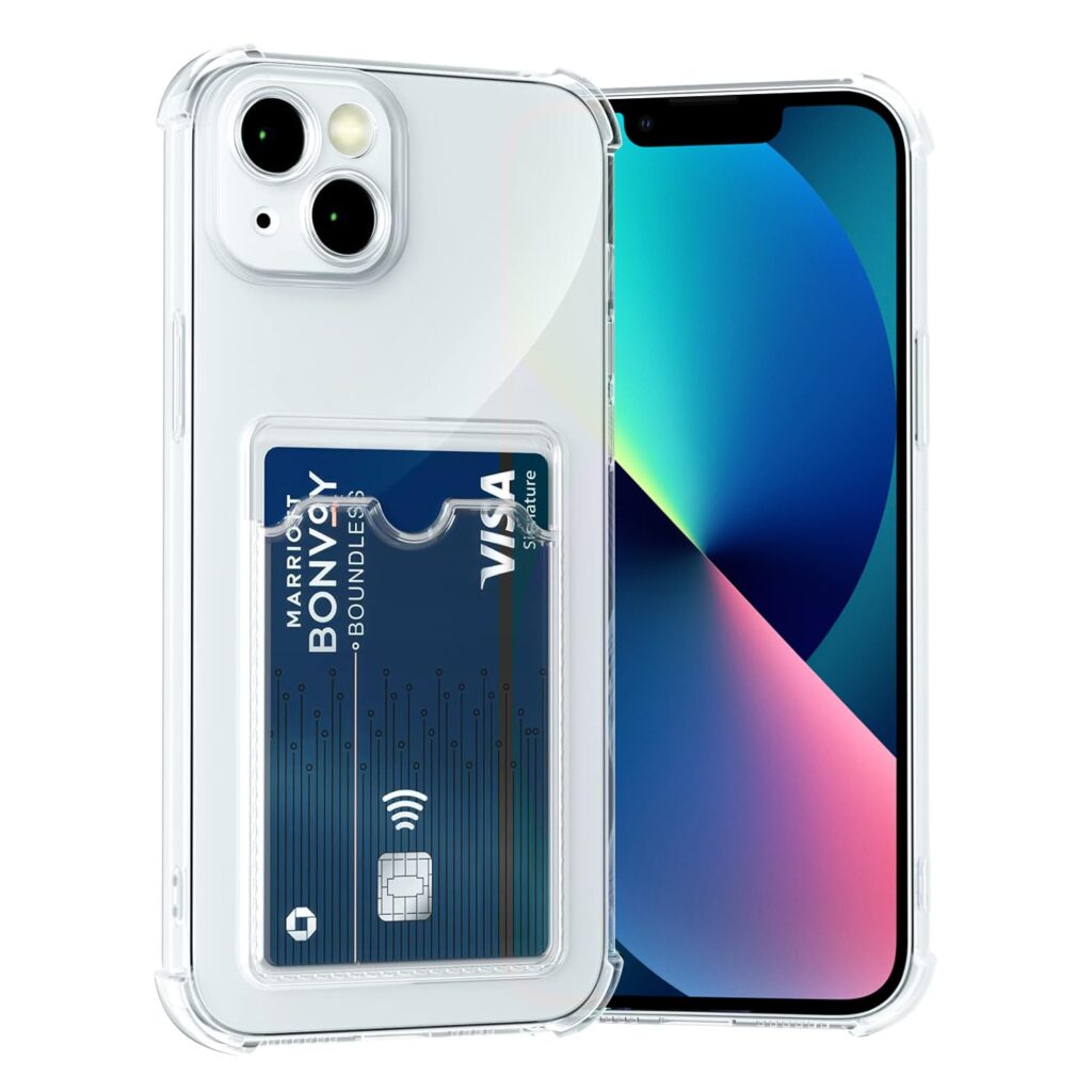 Amazon Basics Premium Shockproof Transparent TPU Back Case Cover with Built-in Slim Card Holder Wallet for Apple iPhone 13 / 14 - Clear